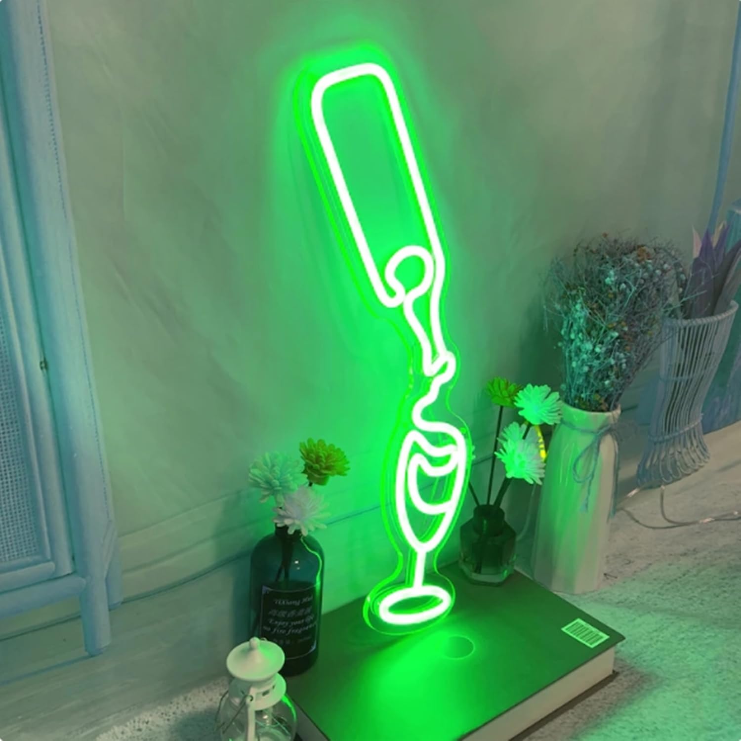 HFHungkeong LED Bar Beer Neon Sign for Wall or Window Background Decor, Dimmable Acrylic Green Neon Decorative Wine Art Light for Home Pub Bar Studio, Wine Lover Birthday Party Gifts