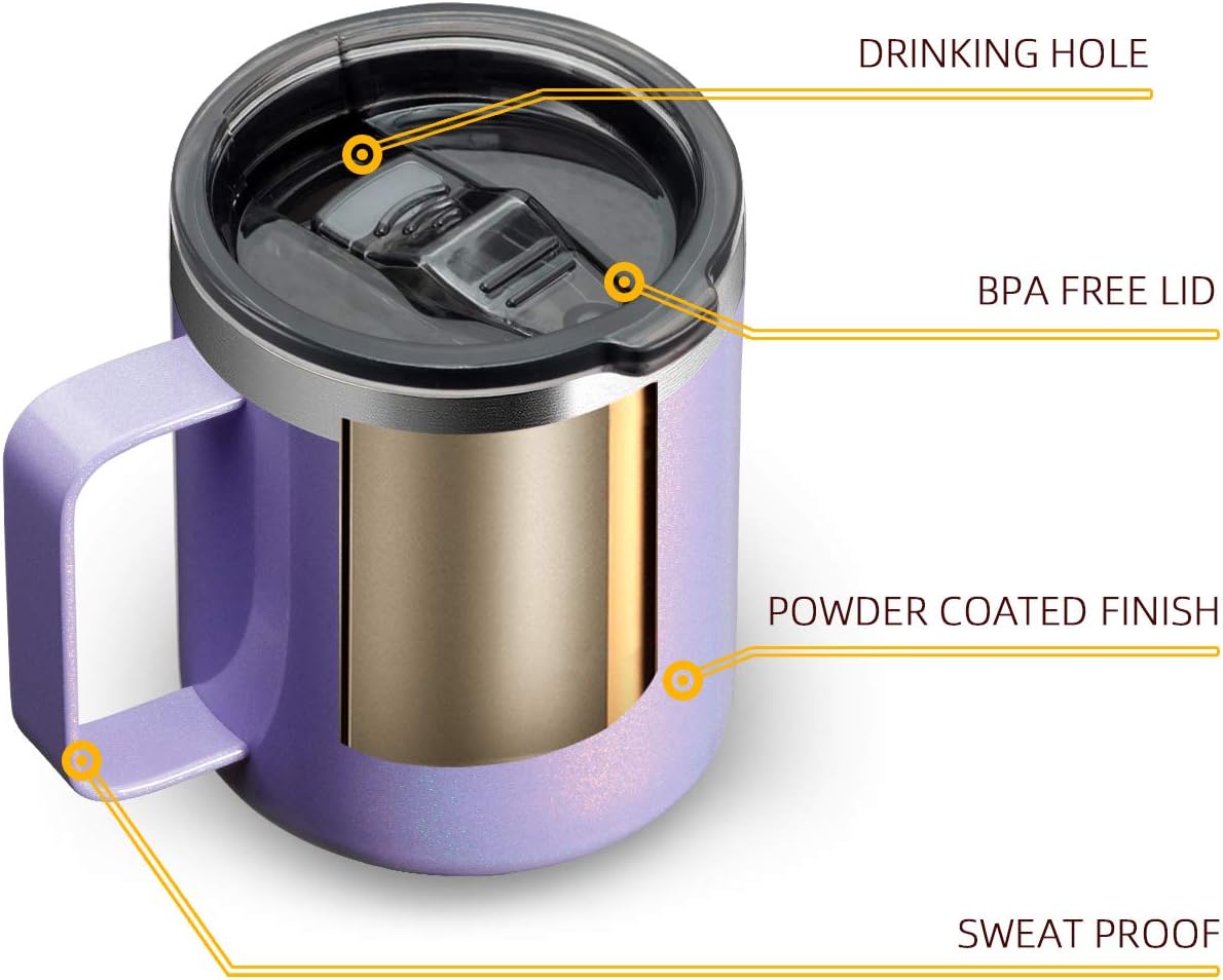 ALOUFEA 12oz Stainless Steel Insulated Coffee Mug with Handle, Double Wall Vacuum Travel Mug, Tumbler Cup with Sliding Lid, GLITTER LAVENDER - Image 3
