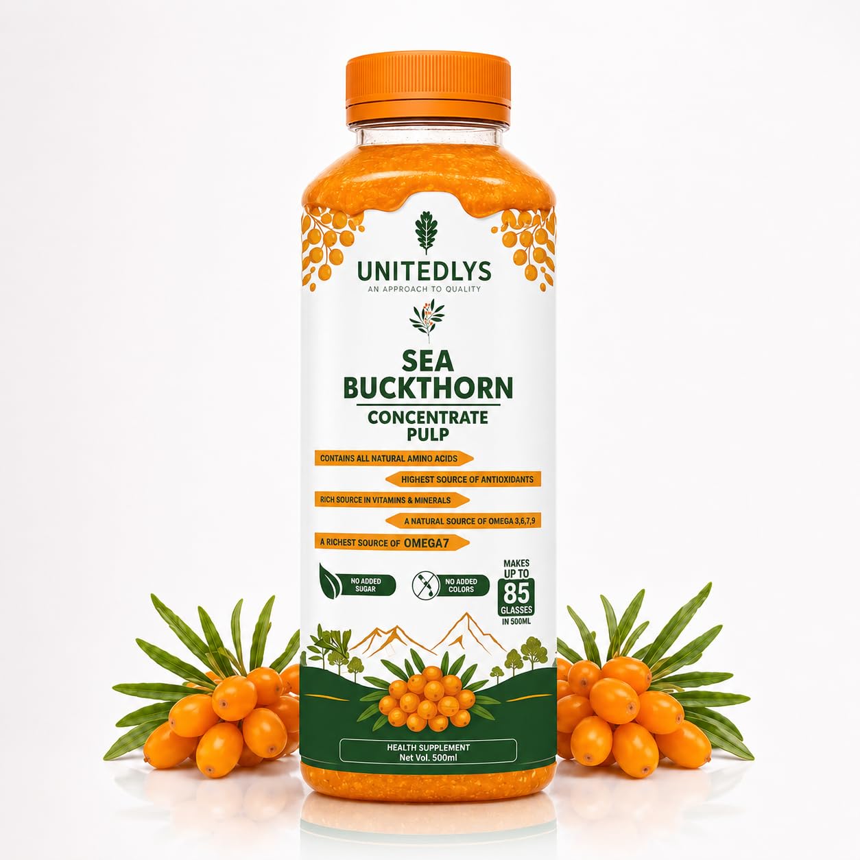 Unitedlys Sea Buckthorn Pulp Juice 500ml | Cold-Pressed Herbal Supplement | Rich in Vitamin C, Omega 3 6 7 9 & Antioxidants | Supports Immunity, Skin Glow & Gut Health | Natural & Pure-image-42