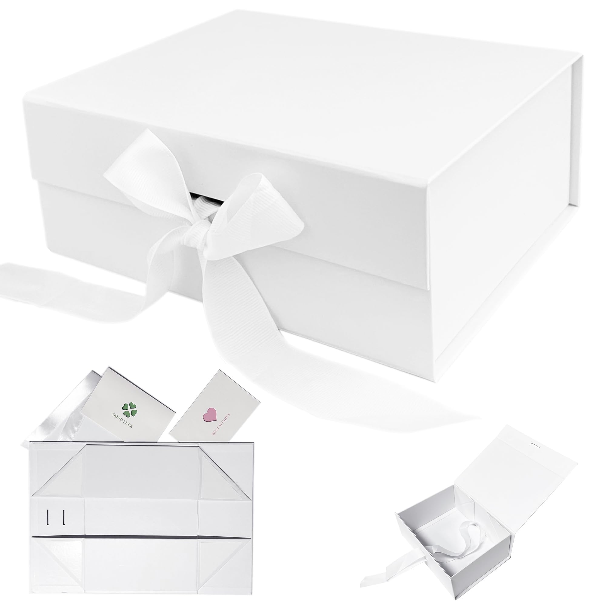 AlGuirnex Gift Box Foldable 29x22.5x11cm with Magnetic Lid, Premium Present Box with Ribbon & 2 Greeting Cards – Luxury Flat-Pack Packaging for Birthday, Wedding & Occasions (White-M)