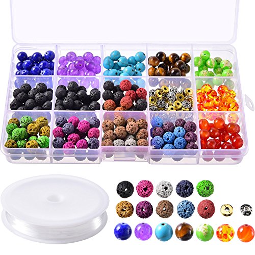 TecUnite 388 Pieces Colorful Chakra Beads Lava Rock Stone Volcanic Gemstone with Storage Box and Elastic Crystal String for Bracelet Necklace DIY (19 Colors)