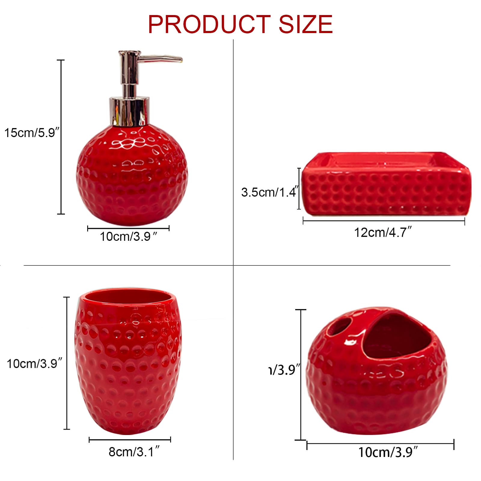 Juego de accesorios de baño de cerámica roja de 4 piezas con soporte para cepillo de dientes, dispensador de loción, jabonera, taza