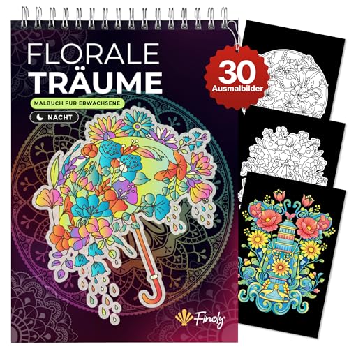 Finoly Malbuch für Erwachsene Blumen A4 Stressabbau | Erwachsenen Malbuch Dickes Papier Anfänger und Fortgeschrittene | Mandalas für Erwachsene Anti Stress Tinte Durchdringt Nicht (Nacht)