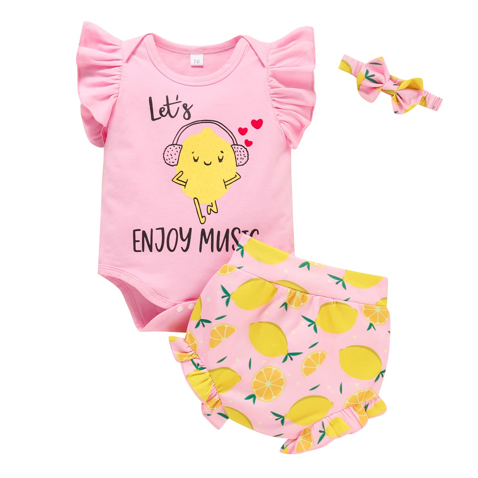 0-2T Newborn Baby Girl Shorts Summer Clothes Cute One Piece Romper Bodysuits +Lemon Short Pants Outfit Set (Pink, 0-6 months)