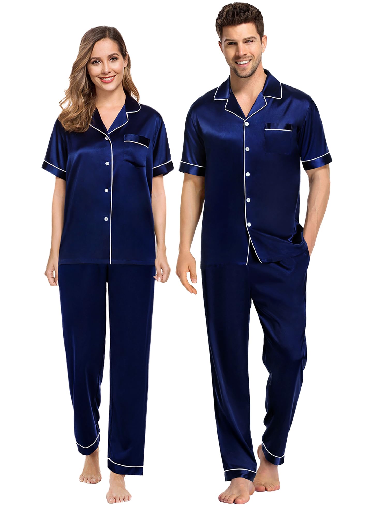 SWOMOG Couples Pajamas Sets Women & Men Satin Short Sleeve Sleepwear Button Down Loungewear Pjs Set with Long Pants