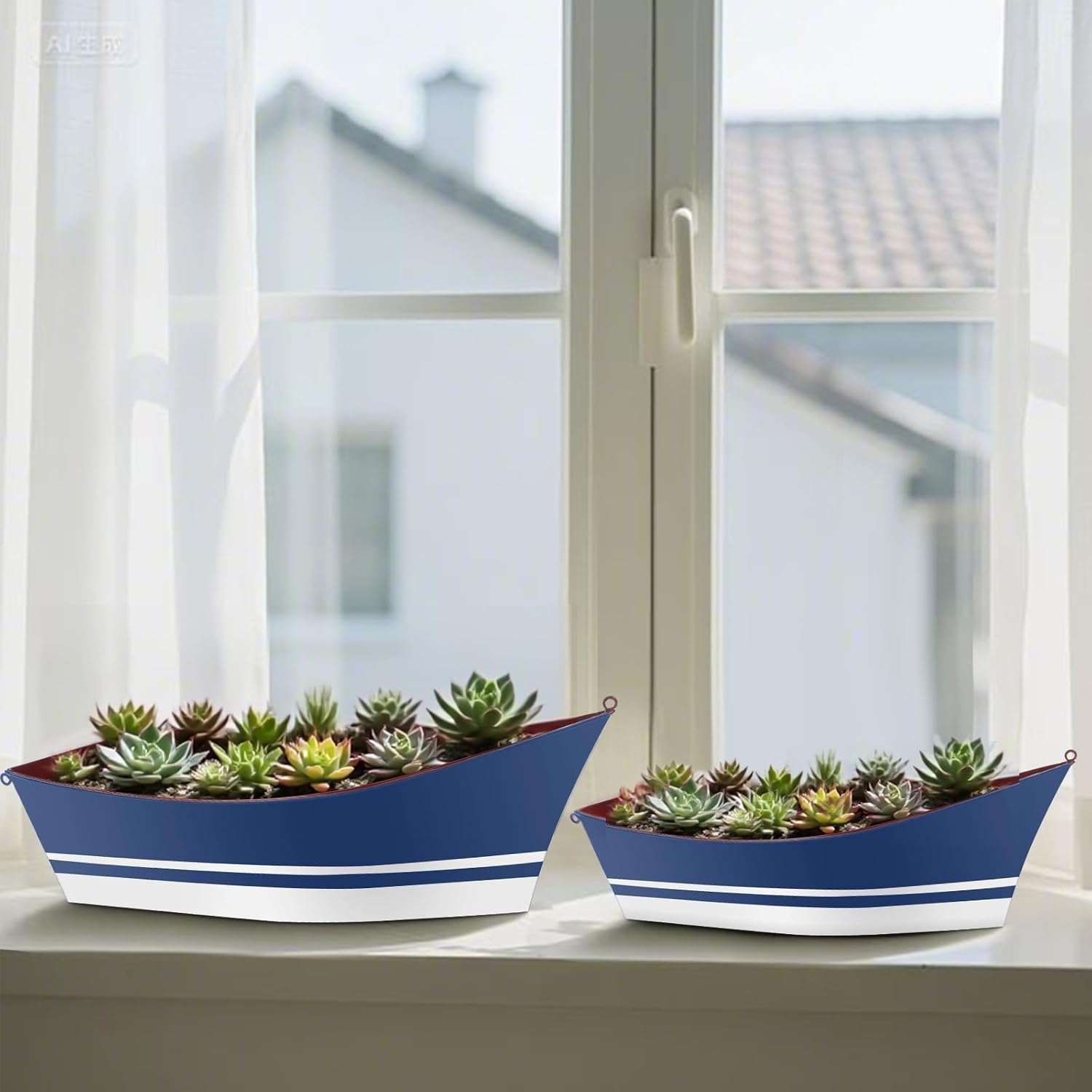2 Pcs Metal Boat Planters - Garden Boat Planters Nautical Metal Flower Tubs for Herbs, Succulents, Potted Plants, or Wedding Birthday Spring Party Tabletop Decor