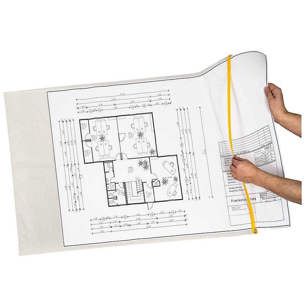Eichner 5 Stück A0 Planschutztaschen, transparent, gelber Reißverschluss, Polyethylen, 125 cm x 90 cm, Verpackungsmaterial