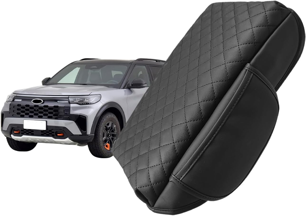 Center Console Armrest Cover Compatible with Ford Explorer 2020-2024 Leather Arm Rest Lid Protector Cushion Pad with Side Pockets Interior Accessories Prevent Scratching Black