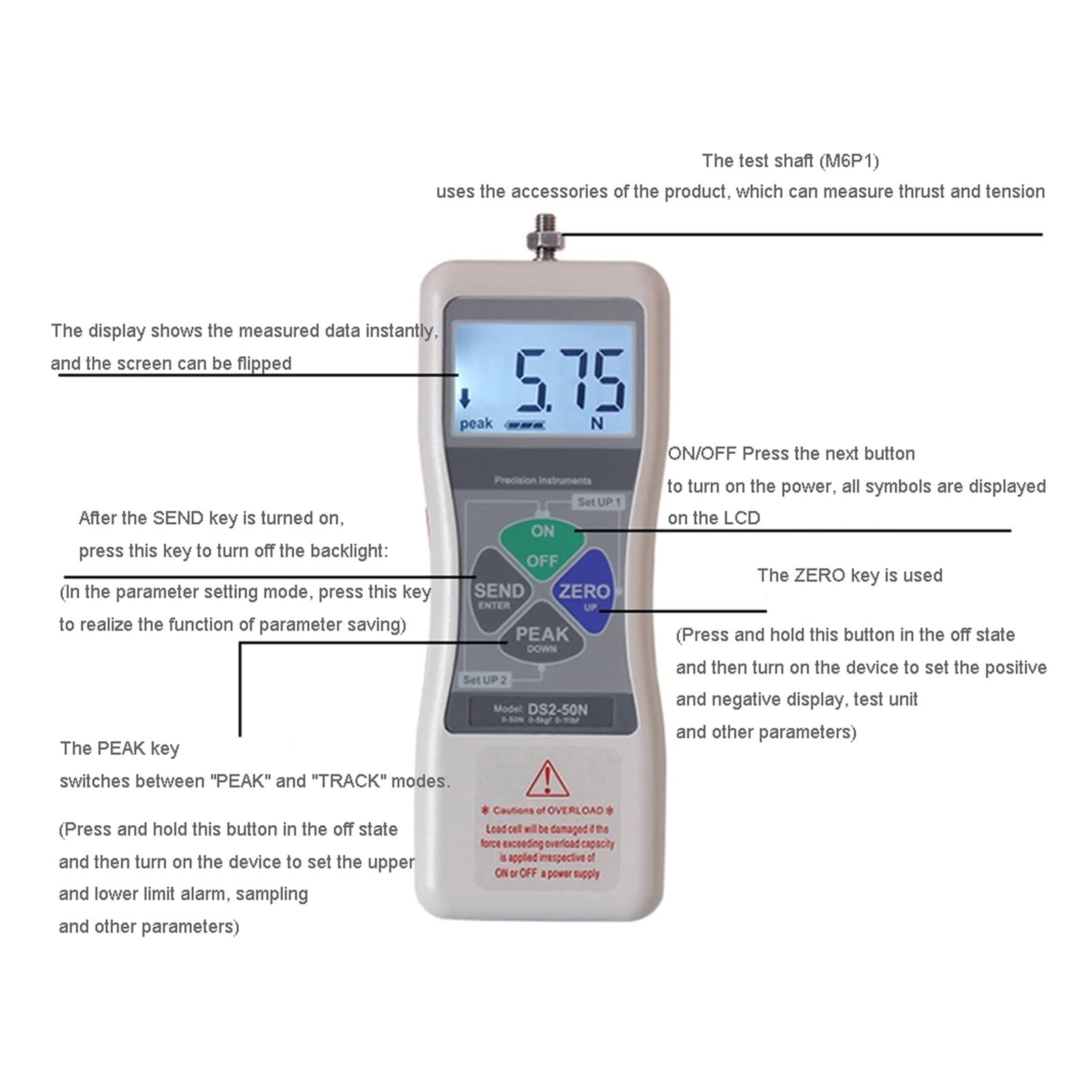 DS2-500N-XD 0-5000N Misuratore di forza digitale ad alta precisione con sensore colo 2N (200 gf)-1000 N (100 kgf) Per la fisica meccanica(DS2-XD-20N)