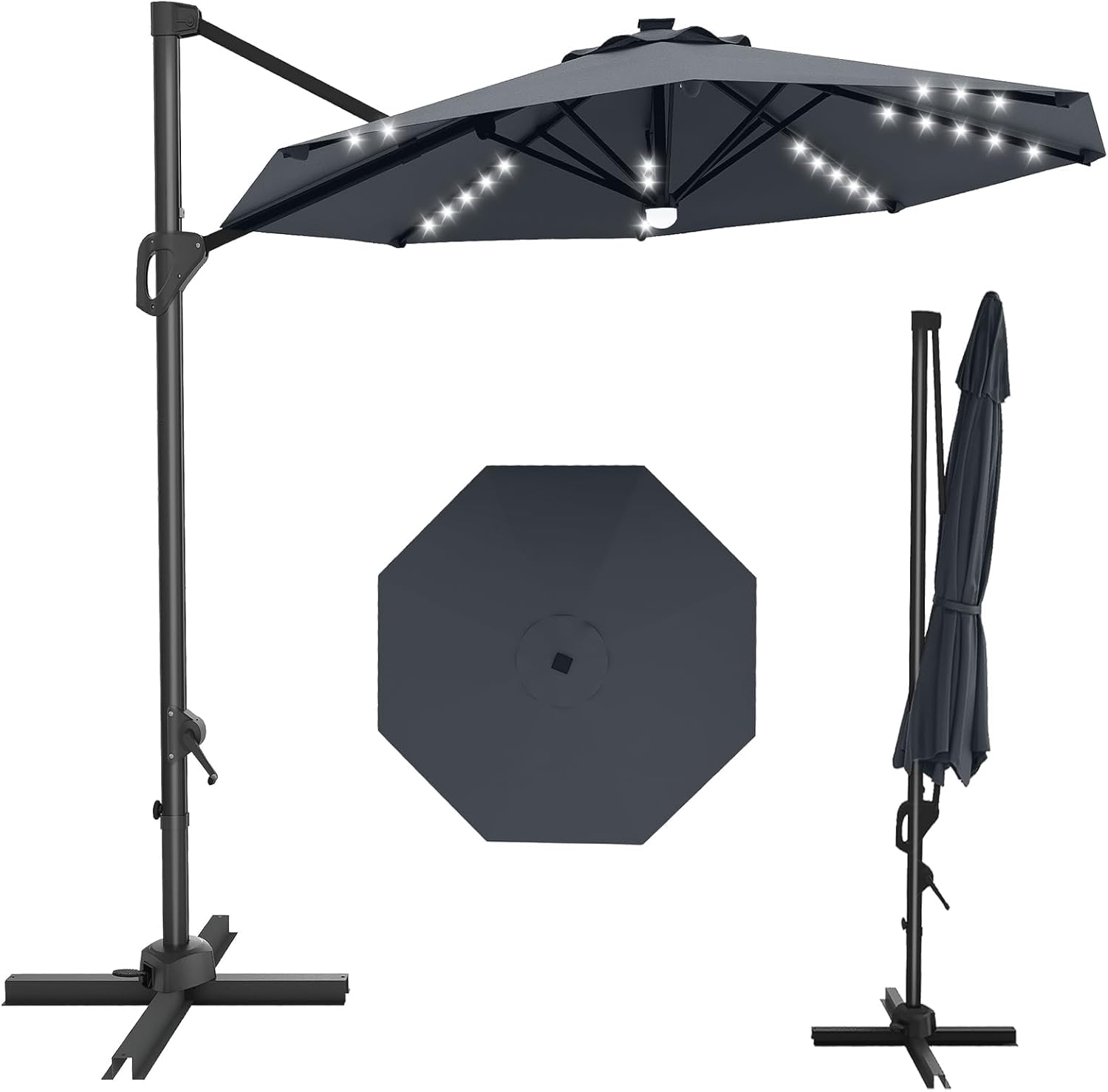 GarveeLife 10 ft Cantilever Umbrella Outdoor Patio Umbrella Solar LED Market Offset Umbrella Sun Shade Windproof with 360-Degree Rotation for Patio Garden Deck Pool, Grey