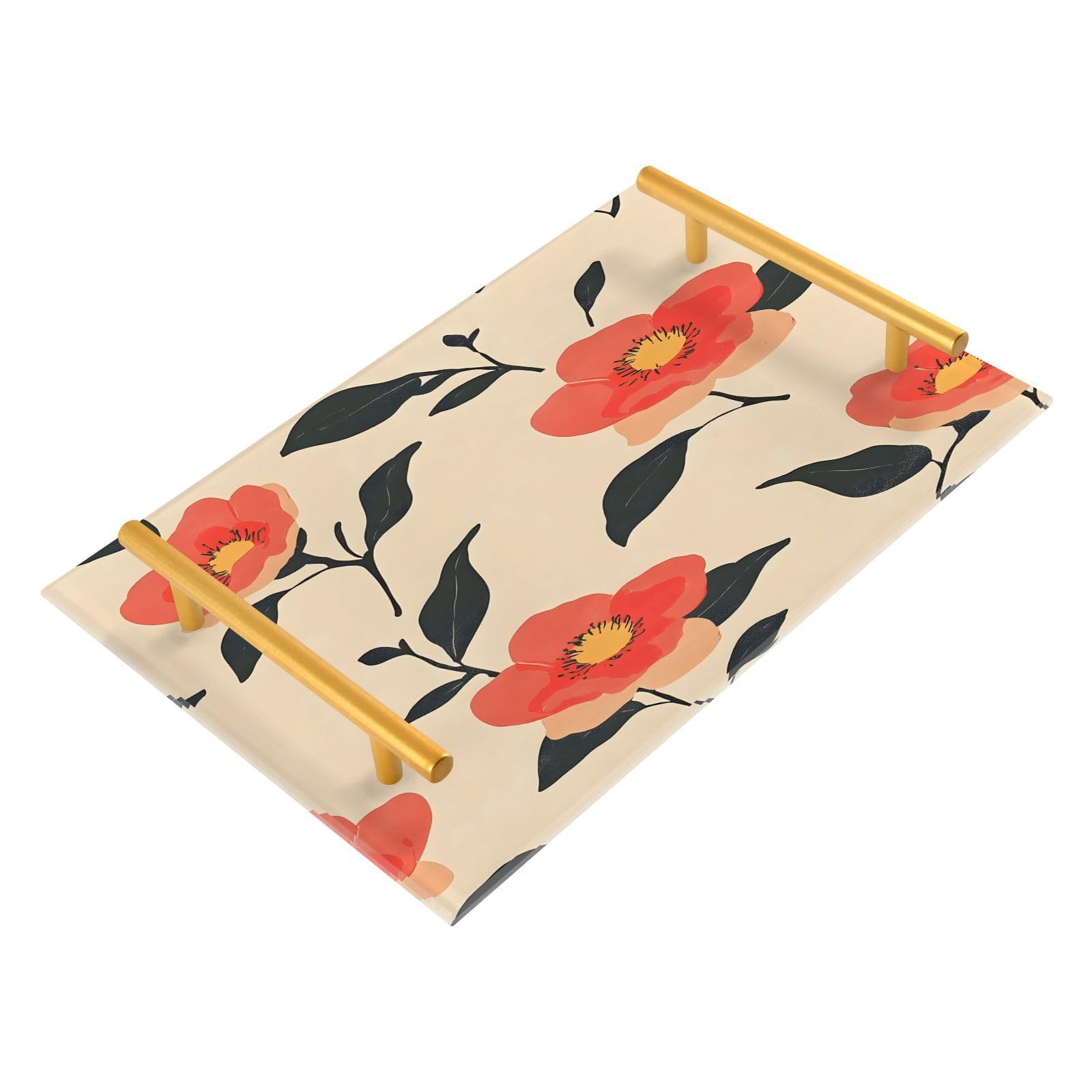 Wassud Bathroom Vanity Tray with Handles Rustic Red Camellias Acrylic Jewelry Perfume Organizer for Bathroom Kitchen Counter 11.81