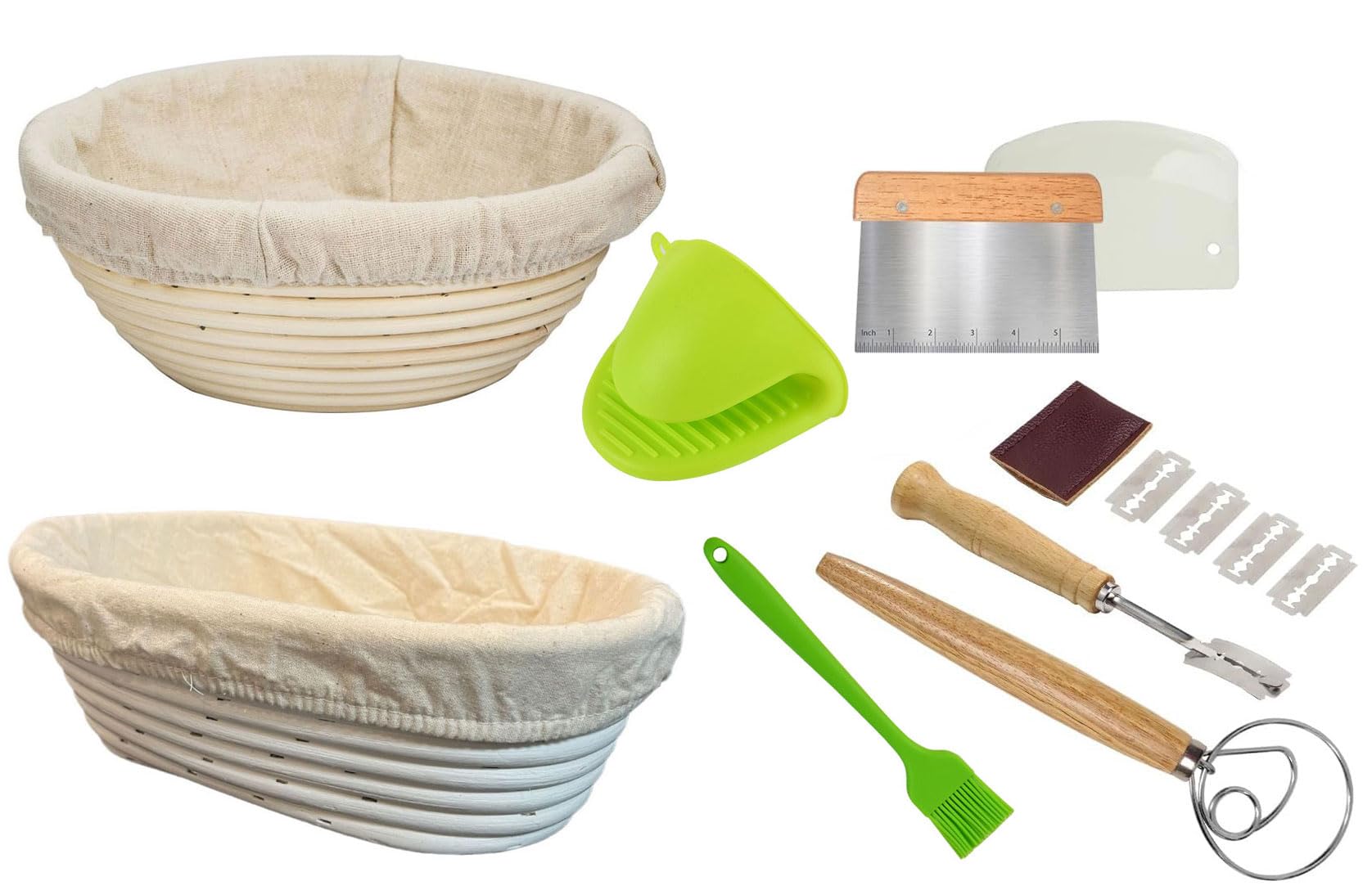 Bread Proofing Baskets Set, 10 Inch Oval & 9 Inch Round Natural Rattan Material Bread Baking Supplies with Linen Liner, Silicone Brush and Glove, Bread Making Tools Set