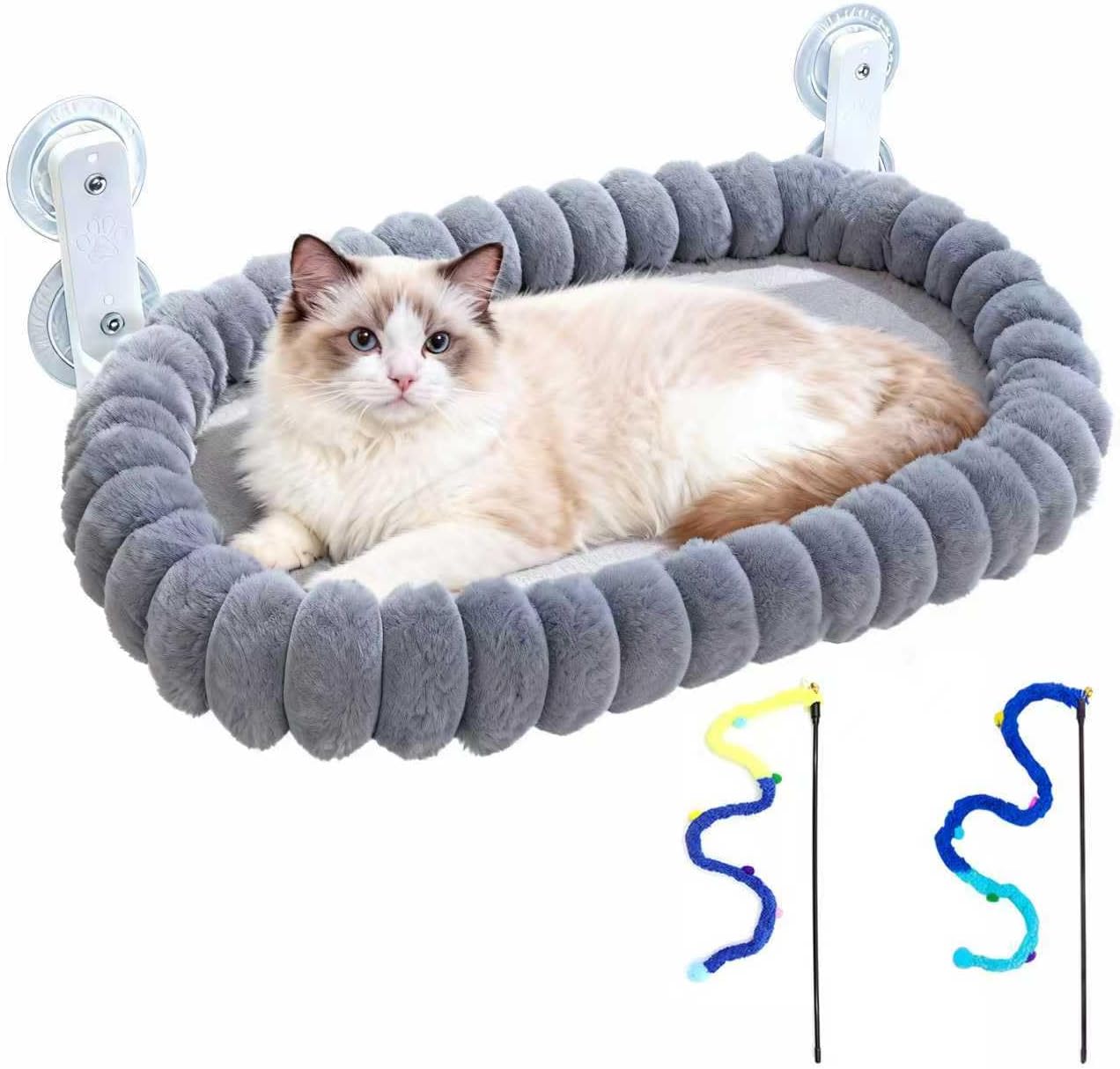 Collapsible Window Perch for Indoor Cats, Large Cats & Kittens - Equipped with a Cat-Catching Stick, Solid Metal Frame, Soft Cover, Strong 4 Suction Cup Wall Mount