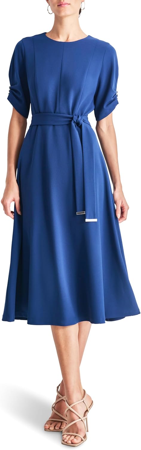 DKNY Womens Short Ruched Sleeve Jewel Neck Midi Dress with Removable Belt - Image 2