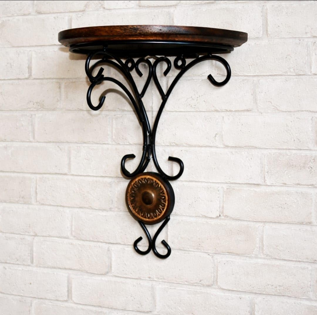 Black Iron Wall Mounted Shelf with Decorative Scroll Bracket | Vintage Metal & Wooden Wall Rack for Small Pots, Décor & Plants | Size 10D × 20.5W × 19.1H cm-image-9
