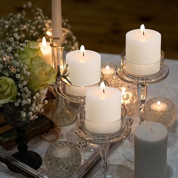 33 Ivory Pillar Candles Set of 3 Unscented Handpoured Weddings, Home Decoration, Restaurants, Spa, Church Smokeless Cotton Wick - Ivory 90 Hour