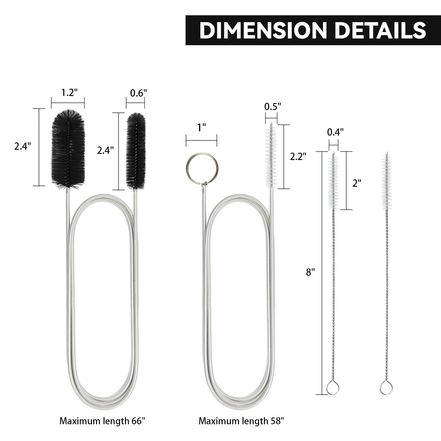 Cepillo de drenaje flexible, limpiadores de tuberías de manguera de doble extremo de 66 pulgadas de largo y cepillo de limpieza de tubos de 58 pulgadas y 2 cepillos limpiadores de pajitas de 8