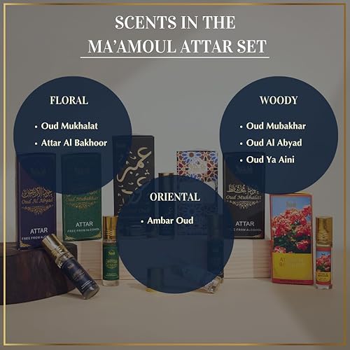 Miniatura 3 de Dukhni Oud Bakhoor - Caja variada con quemador y aceite Ma'amoul Attar Set - 6 botellas x 0.2 fl oz