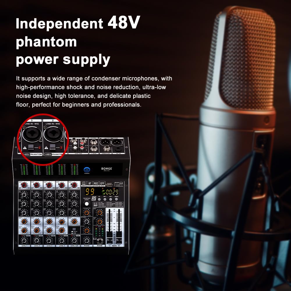 BOMGE 6-Kanal Audio-Mixer mit 99 DSP-Effekten, +48 V Phantom, Bluetooth, USB, 2 AUX FX-Prozessor