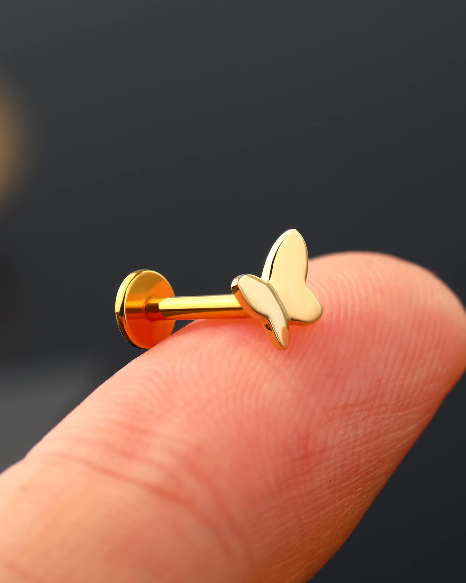 Jewseen 14K Solid Gold 16G Butterfly Nose Studs Threadless Flat Back Studs Helix Jewellery Cartilage Earrings Lip Labret Stud Tragus Stud Minimalist Earrings for Women Men