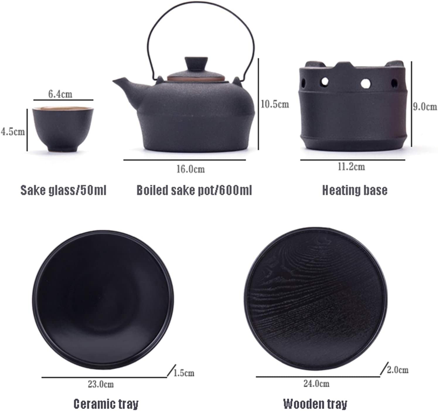 Juego de sake japonés de cerámica caliente con calentador de 6 piezas, 4 tazas, hervidor de sake y base calefactora para Navidad, cumpleaños y aniversarios, bandeja de cerámica (bandeja de madera)
