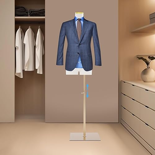 Miniatura 2 de Torso de maniquí masculino con soporte de 27.56 a 51.18 pulgadas de altura ajustable con base de metal rectangular (dorado, 27.56-51.18 pulgadas)