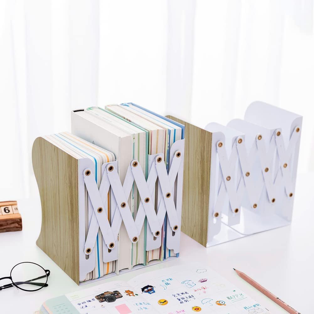 DIFIT Buchstütze, Verstellbar Buchstützen, Metall Bücherstützen, Erweiterbare Bücherhalter, Bücherstütze für Regal, Holzimitation Buchstützen Metall für Schreibtisch(1Stück)