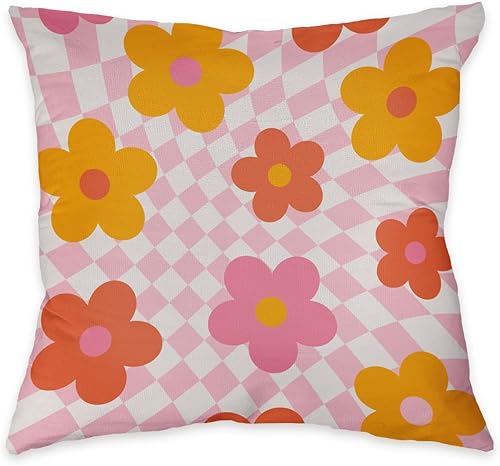 Znzd Funda de almohada reversible retro de los años 70, diseño floral hippie distorsionado, rosa y blanco, a cuadros, para decorar el hogar,