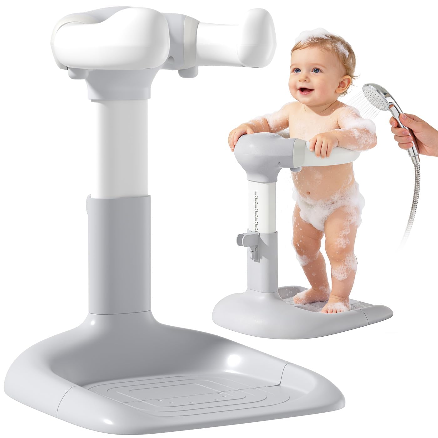 Upgraded Shower Stand with Anti-Pinch Silicone & Anti-Slip Base, Adjustable Height Bath Standing Support, Soporte para Bañera de Assist Holder, Ideal Gift, Gray
