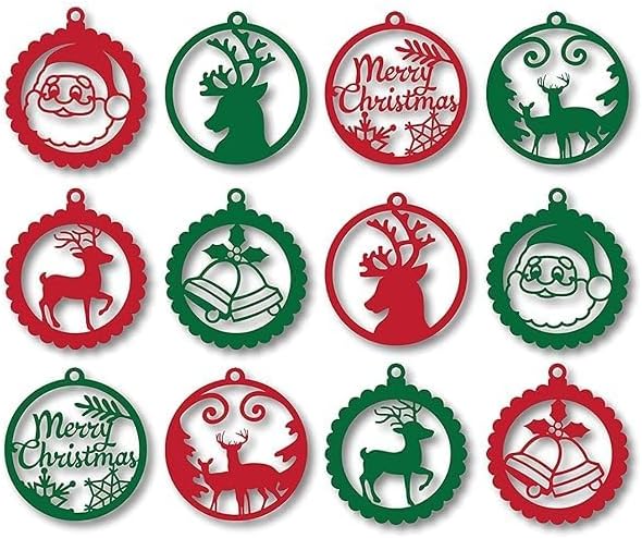 Red & Green Santa Claus, Reindeer, Merry Christmas, Bells, Snowflake, Christmas Tree MDF Wooden Cutout Christmas Tree Decoration Hanging Items (Set of 12)