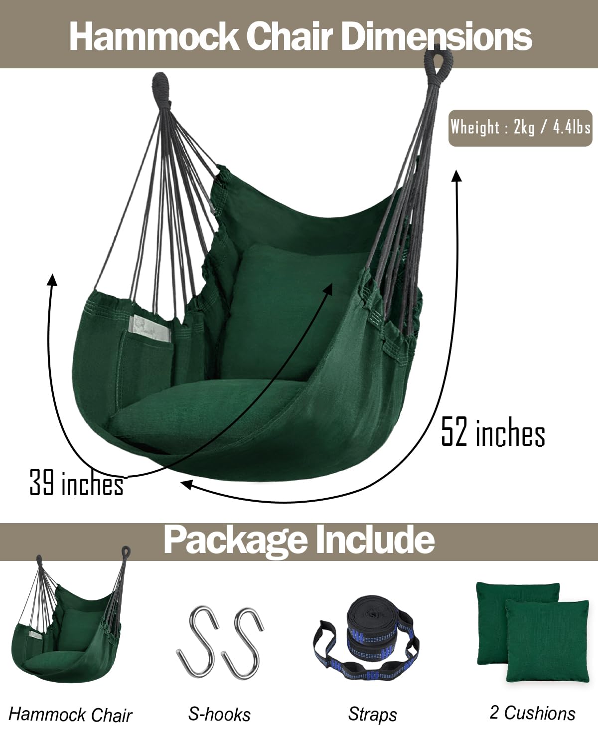 Hamaca colgante hamaca silla columpio de cuerda 2 cojines incluidos, hamaca resistente y duradera de algodón suave tejida a mano para dormitorio, porche, patio, interior/exterior 6