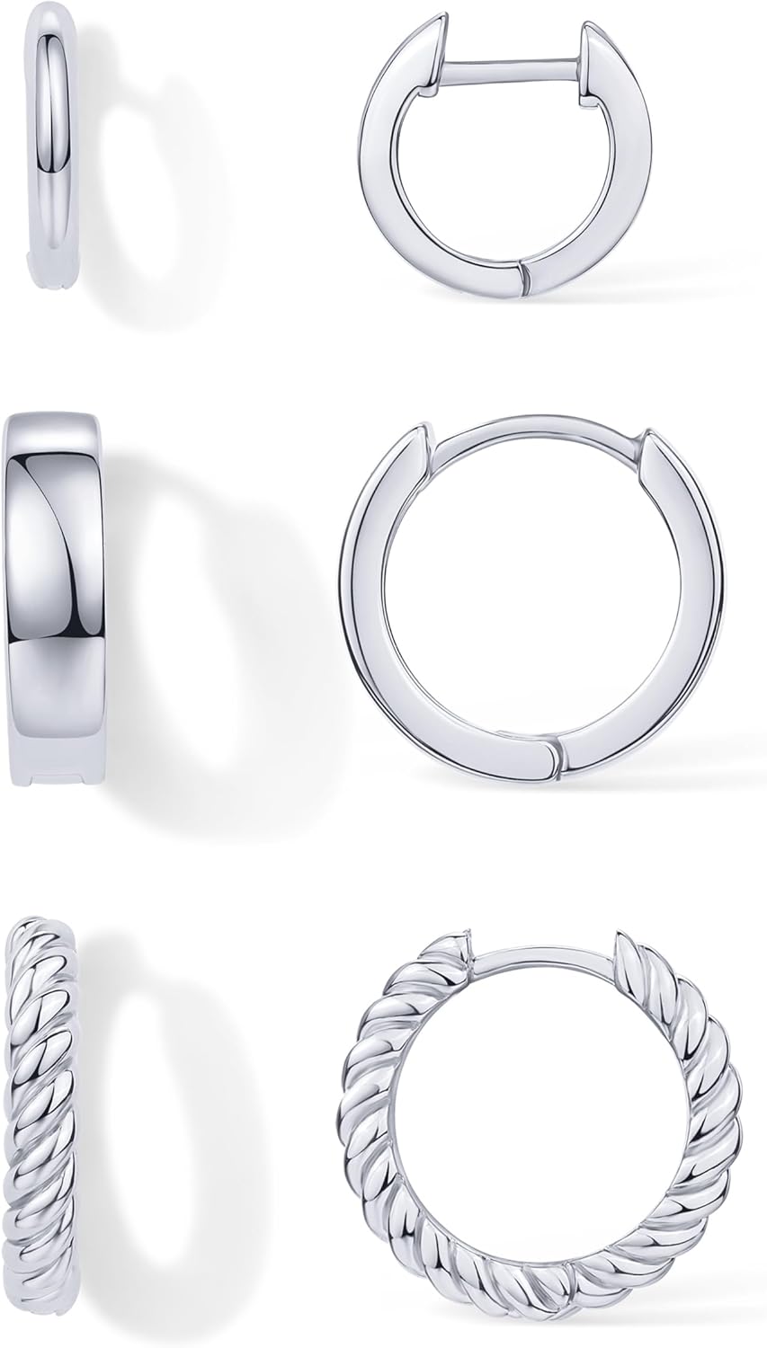 PAVOI Gold Hoop Earrings for Women - 14K-18K Yellow Gold Plated 925 Sterling Silver - Hypoallergenic 3-Pair Small Hoop Earings Set with Cubic Zirconia - Rope Teardrop & Chunky Huggie Styles Earscape Piercings