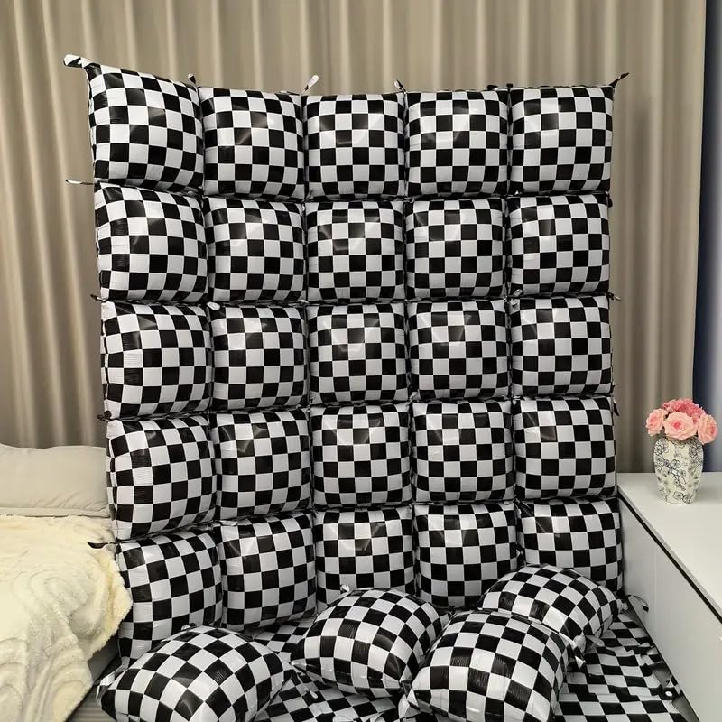 Image of Atpata Funky 10x6 Feet Checkered Foil Balloon Wall Backdrop ? Pack of 60pcs Black & White Square Foil Balloons for Race Car Theme, F1, Chess, Retro Diner, Disco, Gaming, Carnival Parties