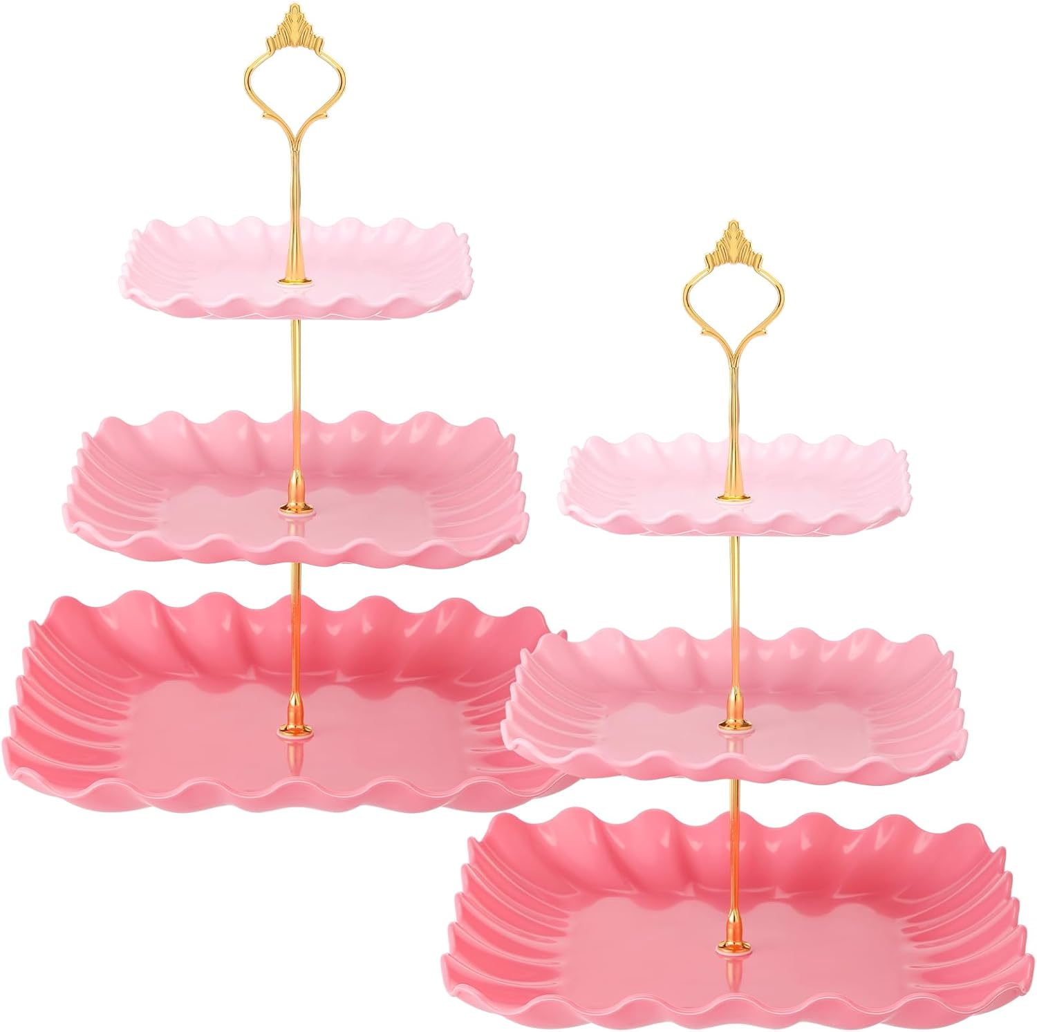 Lallisa 2 Pack 3 Tier Cupcake Stand Pink Dessert Plates Plastic Square Tiered Serving Stand Display Tower for Wedding, Birthday Party, Tea Party and Baby Shower