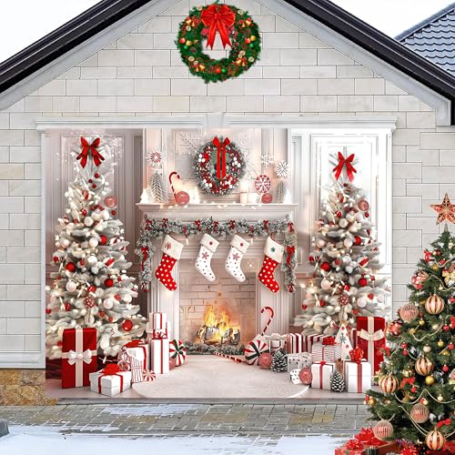 White Christmas Fireplace Garage Door Decoration Background Winter Xmas Tree