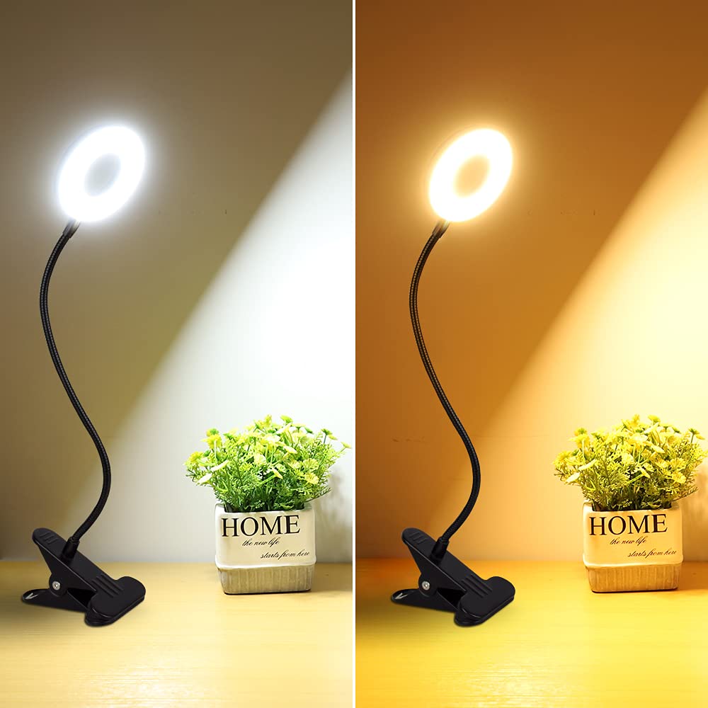Depuley 6W - Lámpara de escritorio USB Clipsable con pinza de lectura en cama, luz blanca cálida y fría, cuello de cisne flexible de metal negro (adaptador no incluido) [Clase energética A++]