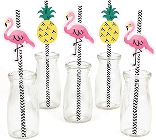 Big Dot of Happiness Pink Flamingo Paper Straw Decor - Party Like a Pineapple Tropical Summer Striped Decorative Straws Set 24