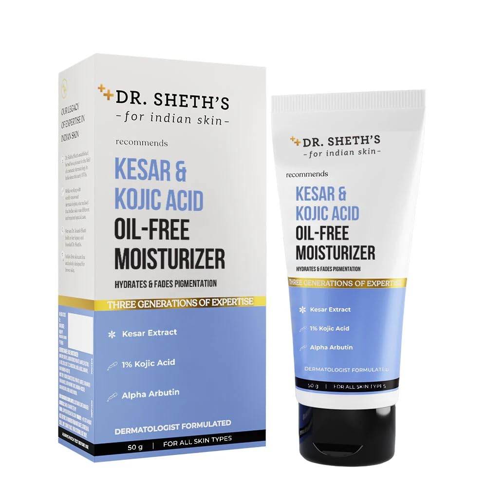 Dr. Sheth's Kesar & Kojic Acid Oil-Free Moisturizer | Lightweight Gel Cream Texture | Brightening & Hydrating | Fades pigmentation | For Men & Women | 50 g
