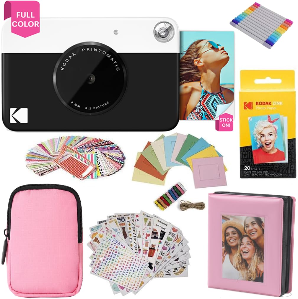 KODAK Printomatic fotocamera a stampa istantanea + custodia morbida + carta fotografica Zink 2x3" 20pz + album + adesivo + cornici per adesivi + cornici sospese + pennarelli - Nero