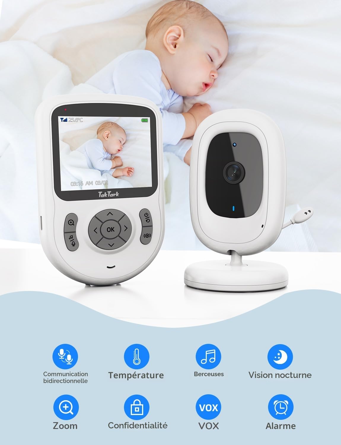 TakTark Babyphone avec caméra 2,8 pouces vidéo-babyphone 720p IPS avec caméra sans WLAN, batterie 750mAh, conversation bidirectionnelle, mode VOX, zoom numérique 3×, vision nocturne, surveillance de