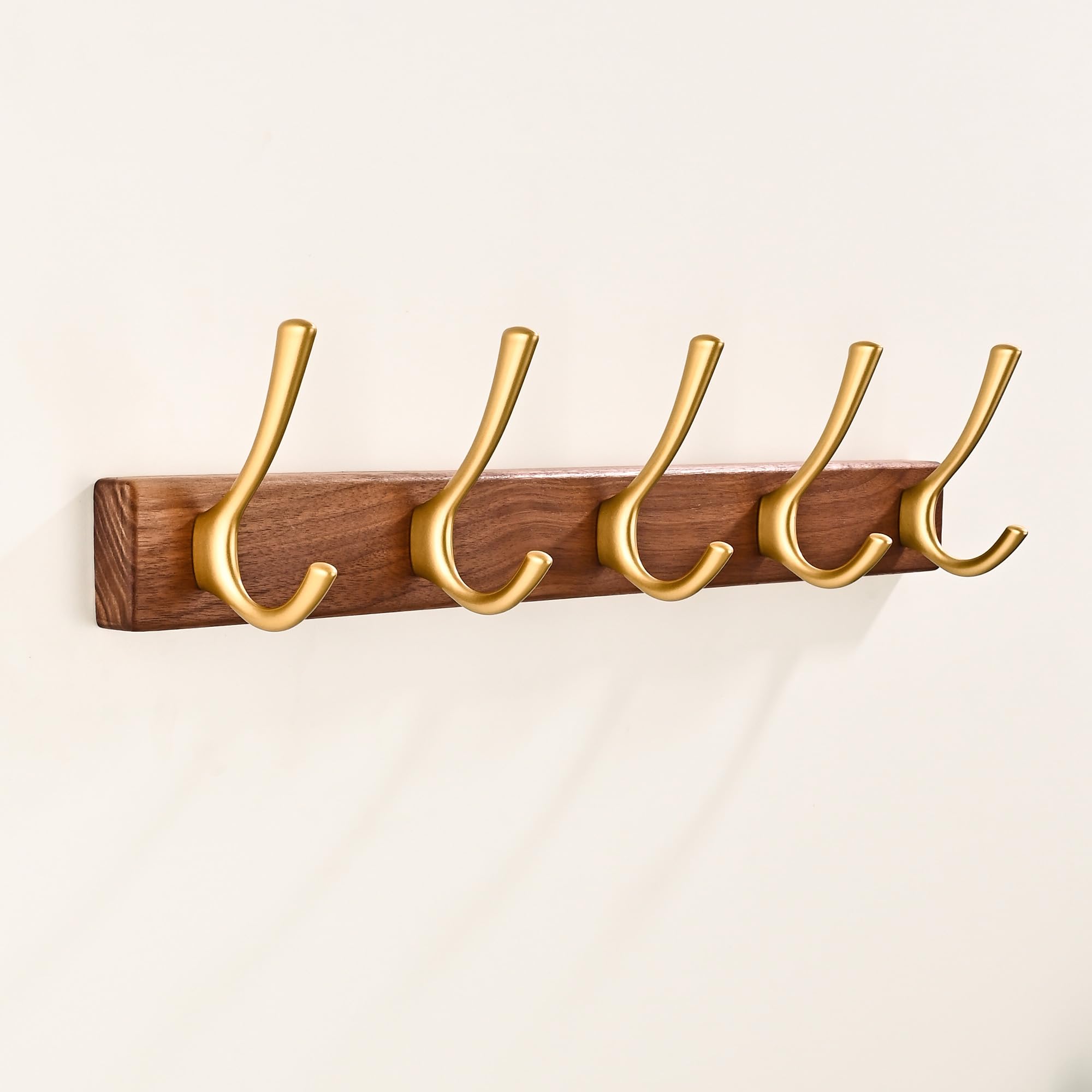 LECHYN 17.3" Small Walnut Wood Coat Rack Wall Mount with 5 Hooks, Heavy Duty Wooden Jacket Hanger Door Mounted for Decorative Entryway Bathroom
