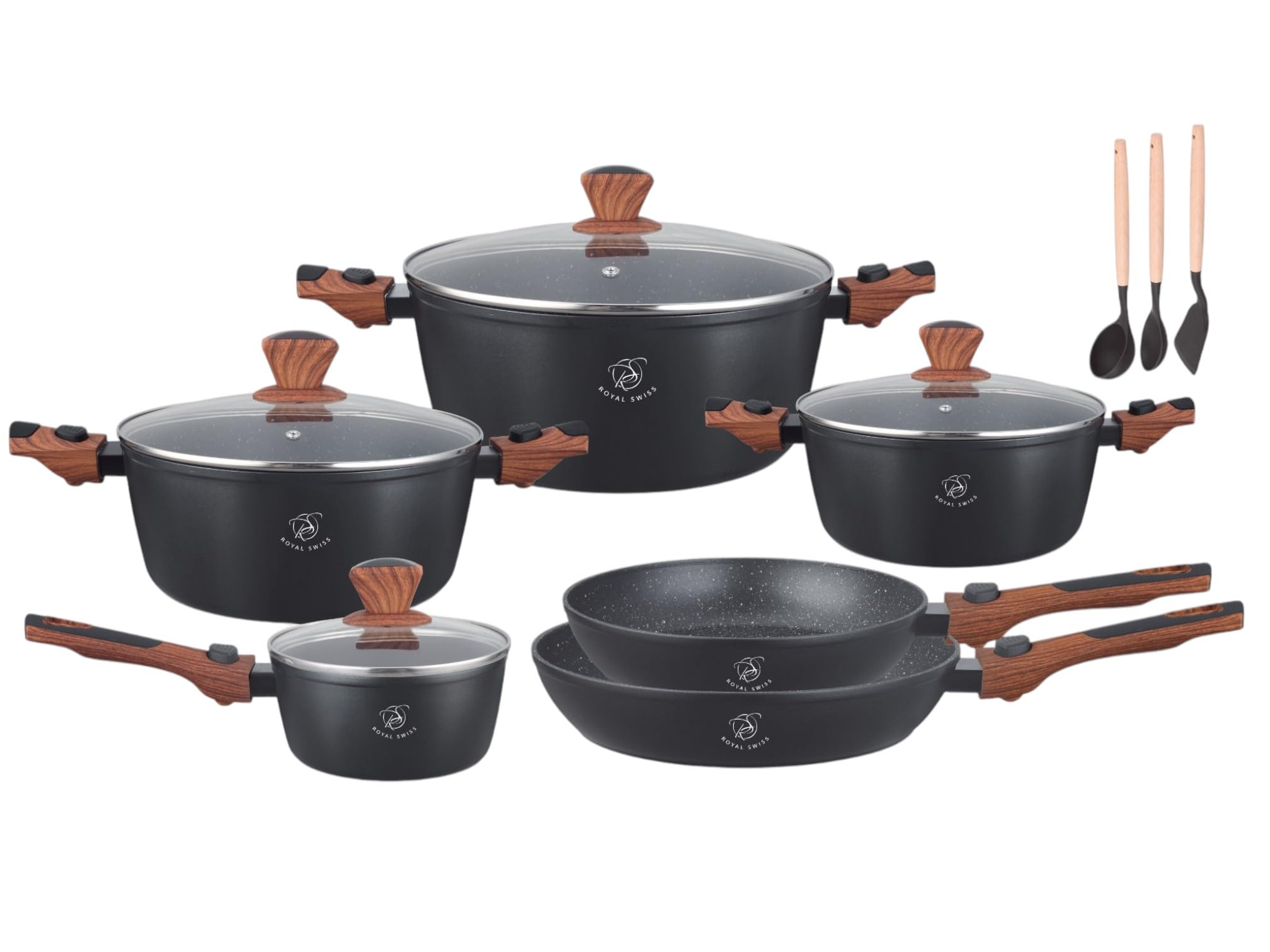 Royal Swiss® 13 Piece Non-Stick Aluminium Cookware Set with Glass Lids & Removable Bamboo Handles, PFAS & PFOA Free Induction Compatible Pots and Pans Set, Black