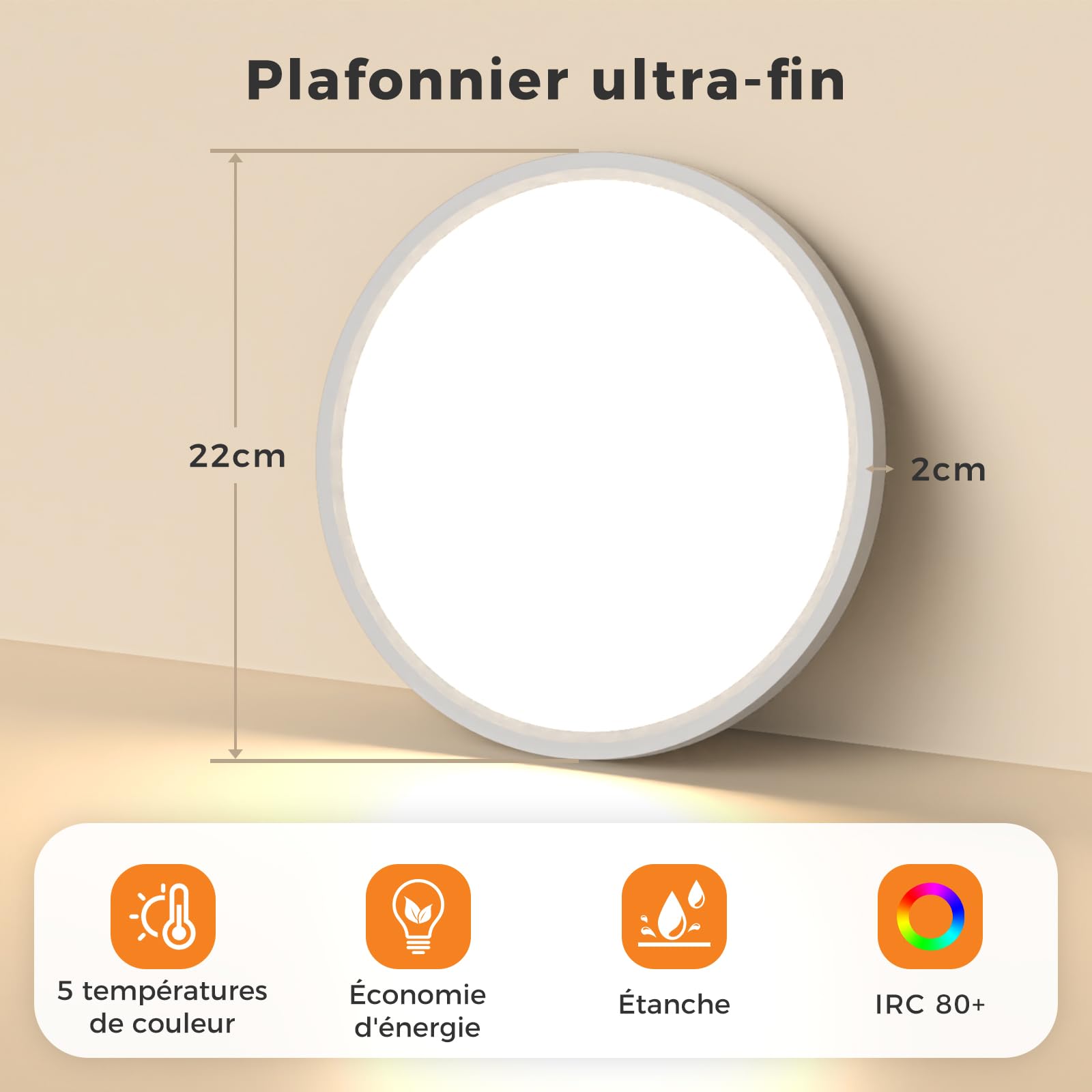 Plafonnier LED 22cm, Lampe de Plafond 18W 2400LM, 2700K-6500K 5 Températures de Couleur, Luminaire Plafond Rond Moderne, Éclairage Intérieur pour Chambre Cuisine Salon Couloir Bureau Entrée