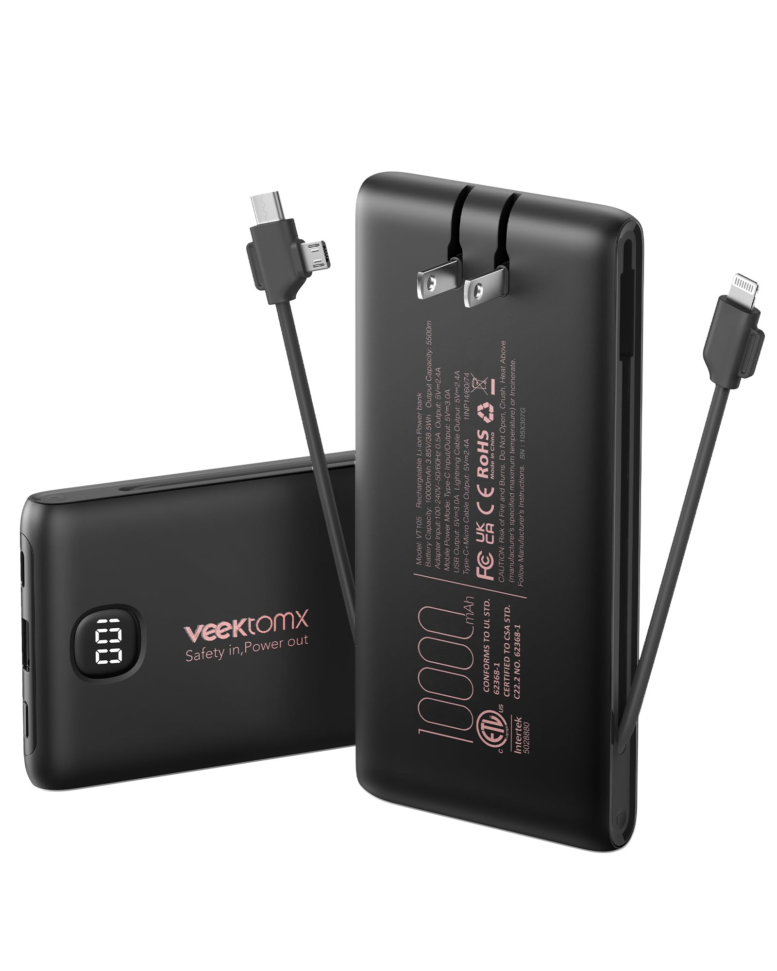 Amazon.com: Portable Charger Power Bank Built in Cables and Wall