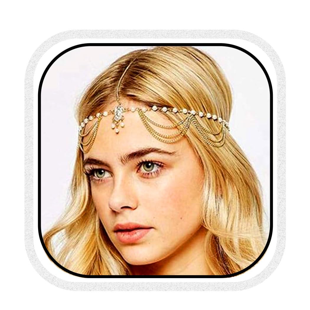 Zehope Boho Pearl Hair Chain Gold Tassel Headpiece Gypsy Festival Wedding Hair Accessories for Women
