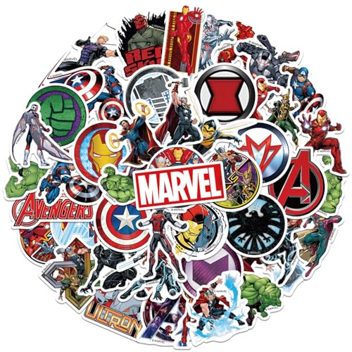 50pcs The Avengers Stickers for Teen Water Bottle Cool Superhero Waterproof Vinyl Decal for Adult Kids Phone Computer Notebook Laptop Travel Case Guitar Skateboard Scrapbook