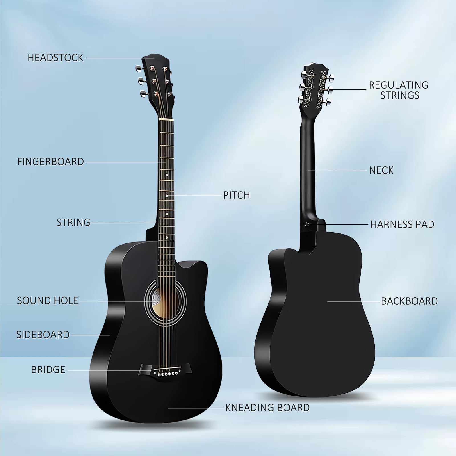 Drewniana gitara akustyczna 96,5 cm, 6 stalowych strun, gitara akustyczna z torbą na gitarę, podstawowy samouczek gitary ludowej dla początkujących i dorosłych, czarna