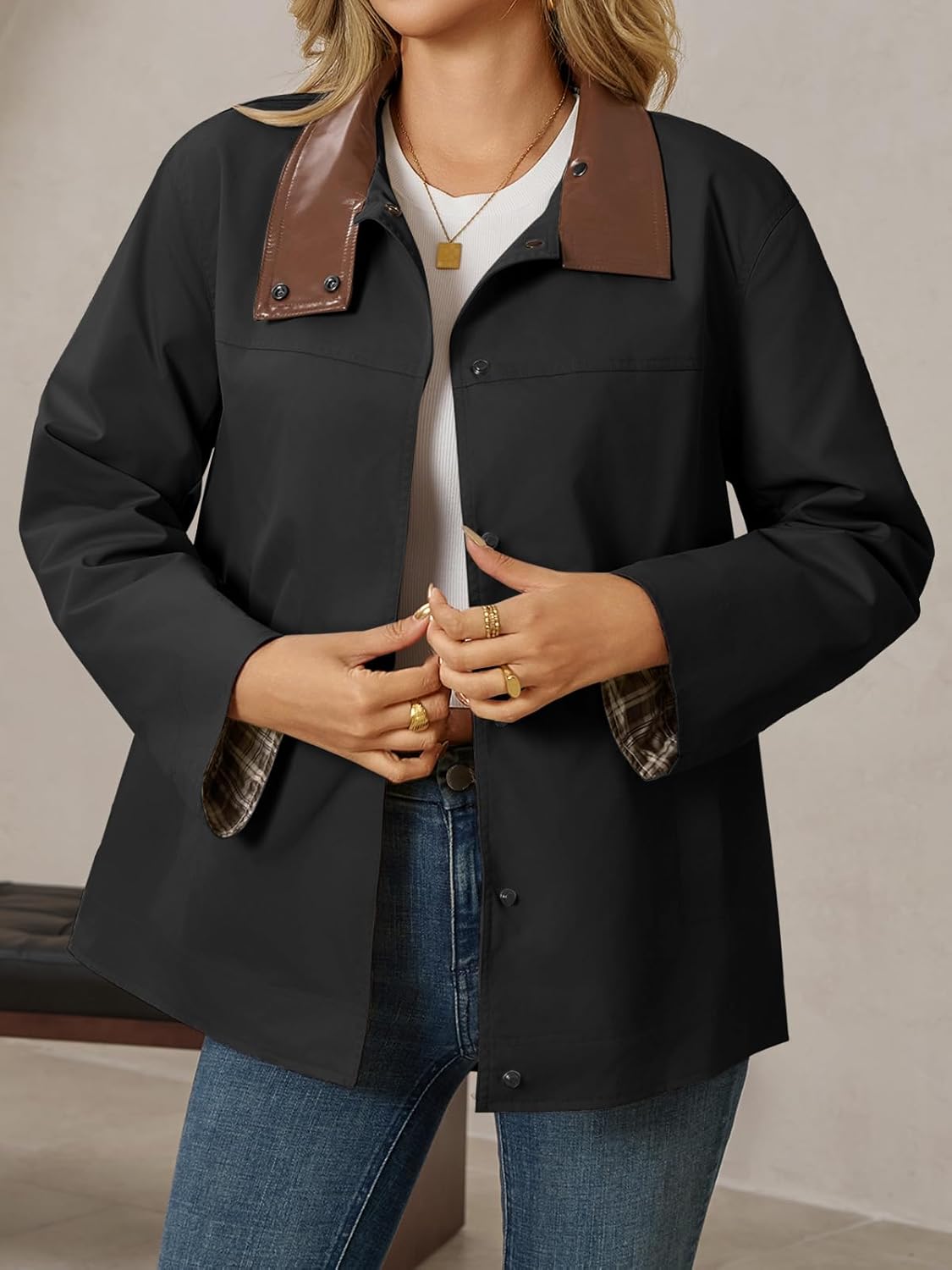 Tankaneo Womens Trench Coat Oversized Fall Barn Jacket Leather Collar Plaid Color Block Windproof Overcoat - Image 2