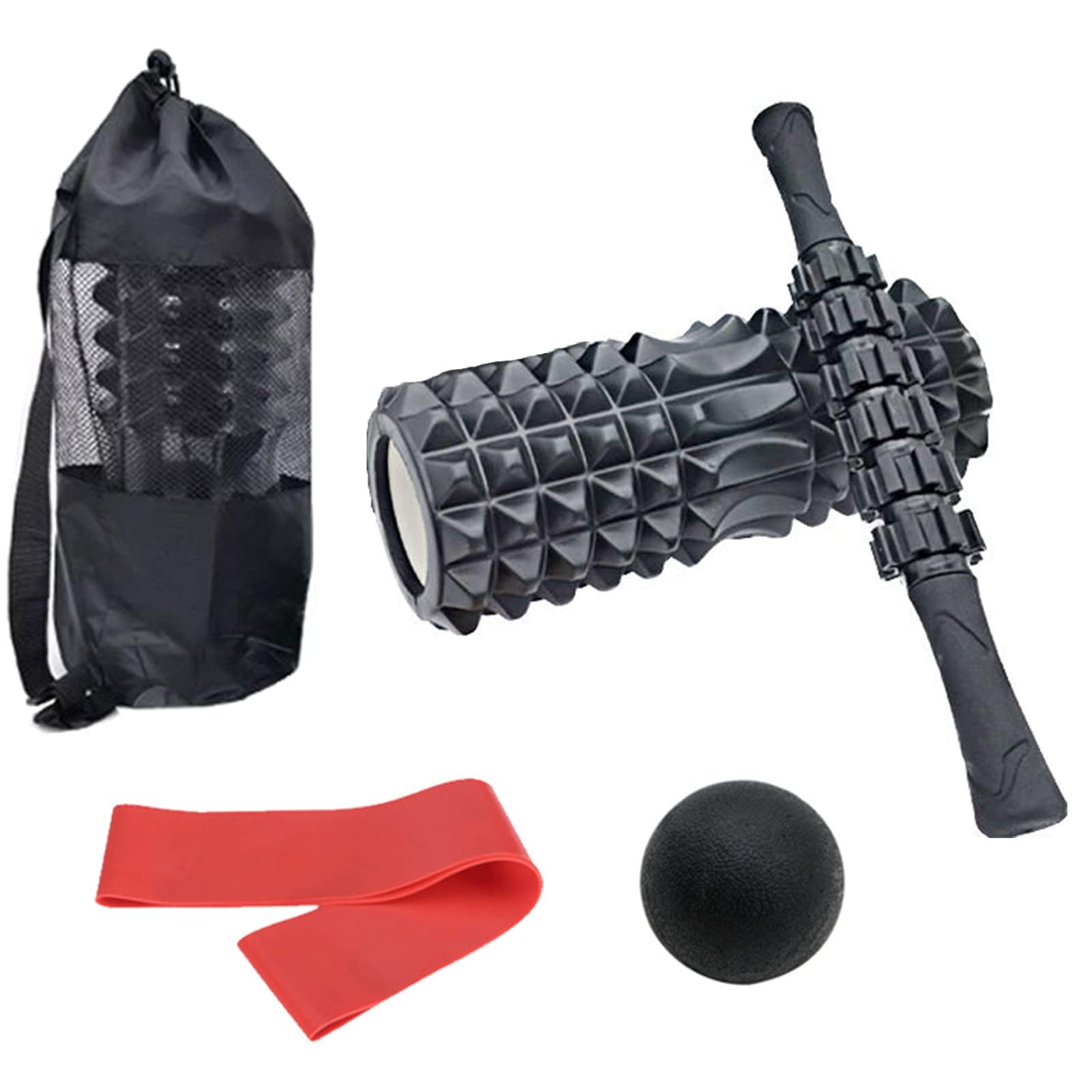 Foam Roller Set-Hollow Foam Massage Roller, Massage Ball, Roller Stick, Stretch Band, Resistance Band, Storage Bag, Suitable for Muscle Massage, Daily Exercise and Recovery (6 pack)