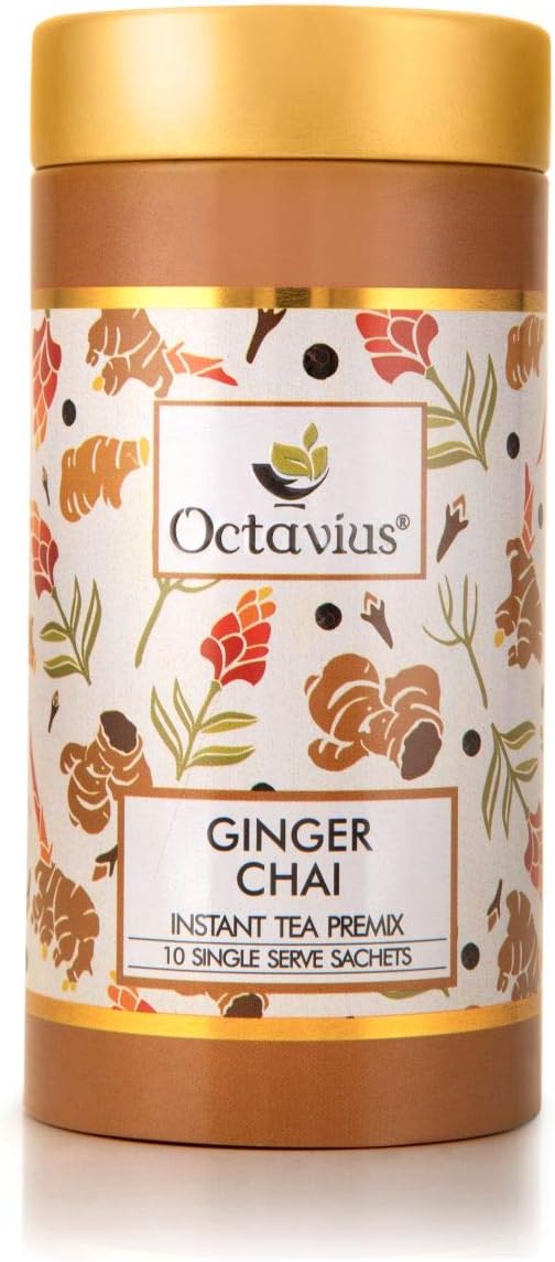 Octavius Ginger/Adrak Chai Premix Tea | On the Go Instant Premix Tea |Ready to use Milk Tea| Ready Tea | 1Min Tea|Instant Tea| Adrak Wali Chai | Flavour Tea | Tin Pack -10 Sachets (15G X 10 Sachets)